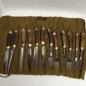 Vintage Stag Horn Flatware Antler Handle Steak Knife & Fork Set 12 Rustic Brown